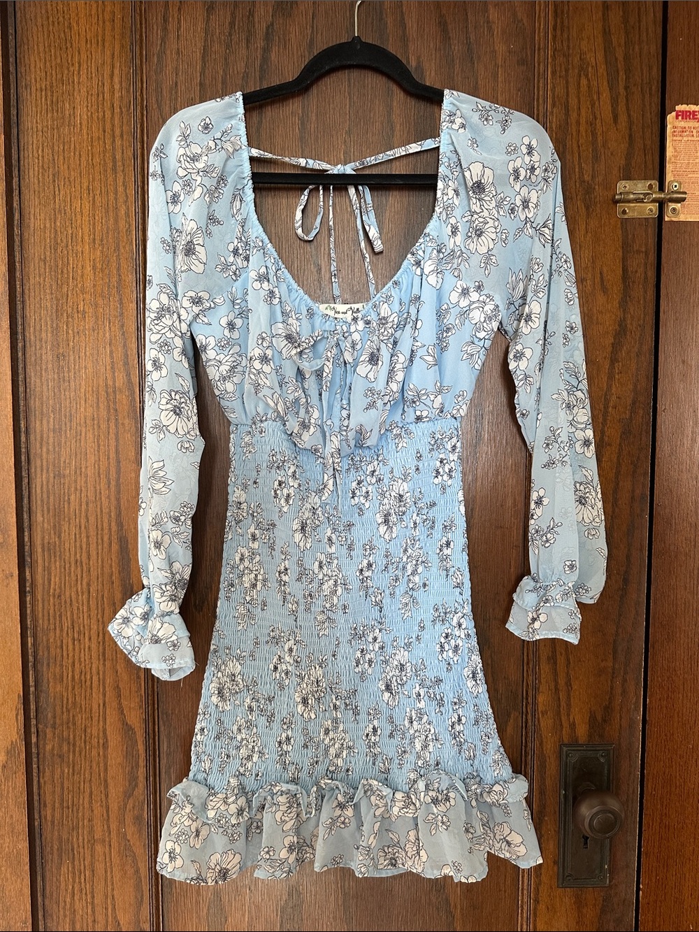 Light Blue Floral Long-Sleeve Smocked Mini Dress